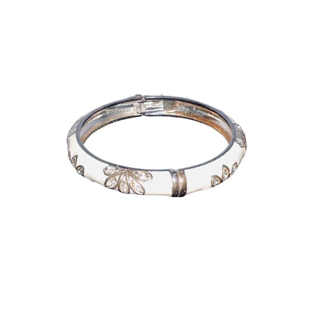 Gold Tone Cream Enamel And Rhinestone Hinged Bangle Bracelet (6149) - Picture 2 of 5